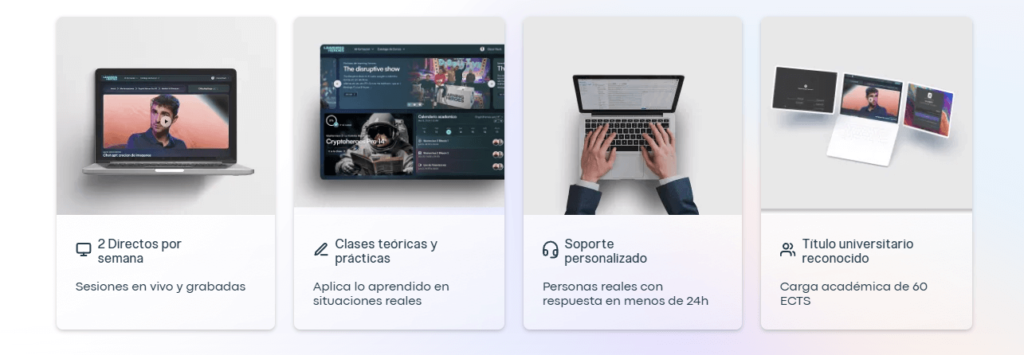 Tabla de módulos reales del curso Crypto Heroes Pro, que incluye fundamentos de Bitcoin, DeFi, inversión y gestión de riesgo para formar expertos en criptomonedas.